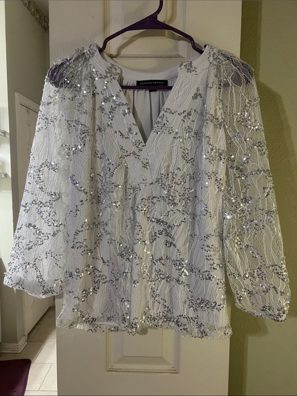 Boston Proper Ivory Beaded Lace V-Neck Blouse